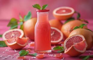 Fresh Grapefruit Juice Bottle With Halved Grapefruit and Mint Leaves on Pink Background photo