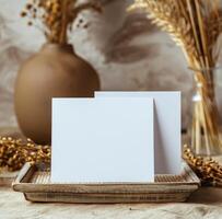 Two Blank White Cards Mockup on Wooden Tray With Dried Wheat and Vase photo
