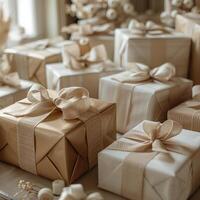 Beautifully Wrapped Beige Gift Boxes With Satin Ribbons on a Linen Tablecloth photo