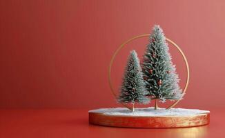 Red Platform With Snowy Pine Trees and Golden Circle photo