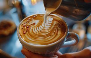 A Barista Pouring Milk Into a Cup of Latte With Latte Art photo