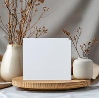 Blank White Card Mockup on Wooden Tray With Dried Flower Arrangement photo