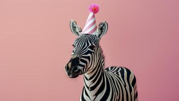 Zebra Wearing Pink Striped Party Hat Against Pink Background photo