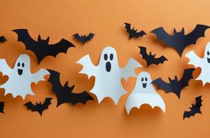 Paper Bat and Ghost Decorations on Orange Background for Halloween photo
