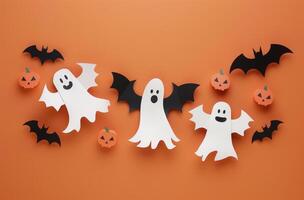 Paper Bat and Ghost Decorations on Orange Background for Halloween photo