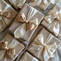 Beige Gift Boxes With Ivory Satin Ribbons Arranged on a Textured Surface photo