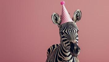 Zebra Wearing A Pink Party Hat In Front Of A Pink Background photo