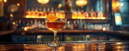 A Single Cocktail on a Bar Counter in a Dimly Lit Bar photo