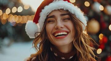 Woman In Santa Hat Smiling At Christmas Lights photo