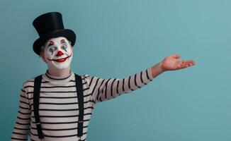 Smiling Mime In Top Hat With Outstretched Hand Against Blue Background photo