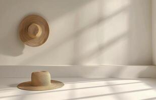 Straw Hat Hanging on White Wall With Dried Grass in a Wicker Vase in a Room With a Jute Rug photo