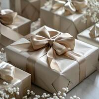 Beige Gift Boxes With Ivory Satin Ribbons Arranged on a Textured Surface photo