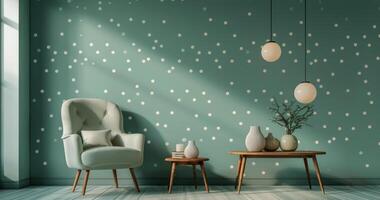 Modern Living Room With Green Walls and White Dot Pattern photo
