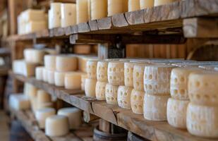 Close Up of Cheese Wheels Stored on Wooden Shelves in a Dairy Shop photo