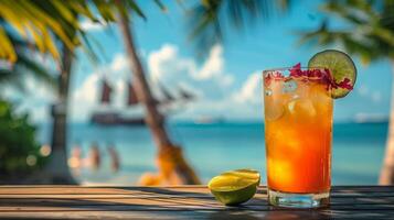 Tropical Cocktail on Beach Table With Palm Tree photo