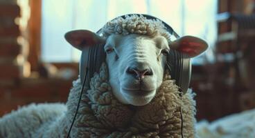 A White Sheep Wearing Headphones and Listening to Music photo