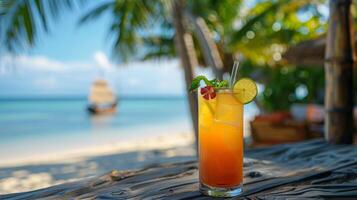 Tropical Cocktail on Beach Table With Palm Tree photo