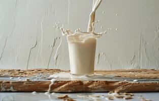 Milk Pouring Into A Glass With Splash on Wooden Cutting Board photo