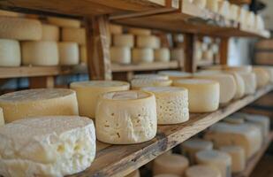 Close Up of Cheese Wheels Stored on Wooden Shelves in a Dairy Shop photo