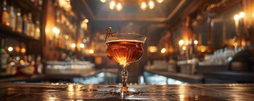 A Single Cocktail on a Bar Counter in a Dimly Lit Bar photo