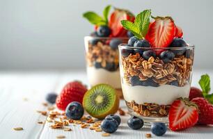 Fresh Fruit and Granola Parfaits With Yogurt and Kiwi Slices photo