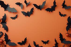 Black Paper Bats on Orange Background for Halloween Decor photo