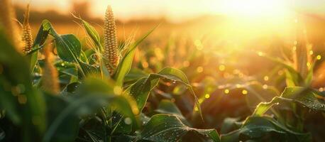 Cornfield Sunset With Dewy Leaves photo