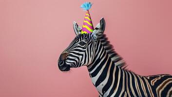 Zebra Wearing A Pink Party Hat In Front Of A Pink Background photo