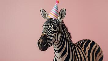 Zebra Wearing Pink Striped Party Hat Against Pink Background photo