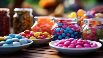 Colorful candies in glass jars on wooden table. Selective focus photo