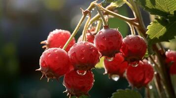 Red currant berries on a branch with green leaves in the garden photo