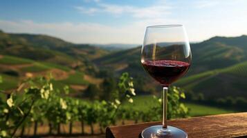 Wineglass of red wine on vineyard in Tuscany, Italy photo