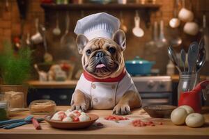 Funny image of a French Bulldog in a chef costume, showcasing culinary humor in the kitchen setting. Copy space Perfect for food-related projects and entertainment-themed designs, photo