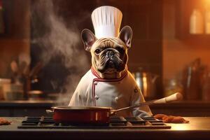 Funny image of a French Bulldog in a chef costume, showcasing culinary humor in the kitchen setting. Copy space Perfect for food-related projects and entertainment-themed designs, photo