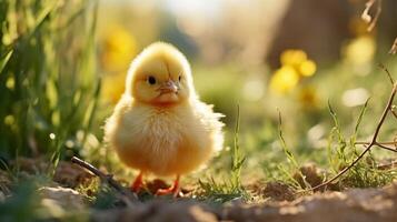 Cute little yellow chicken on green grass in the garden. Easter background photo