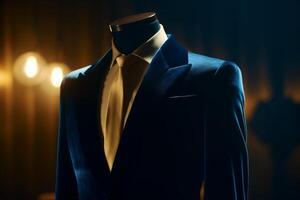 Mannequin wearing blue suit and yellow tie on dark background. photo