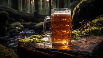 Mug of beer on a log with moss in the forest. photo