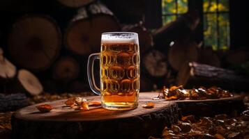 Mug of beer on a wooden log in the autumn forest. photo