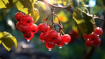 Red currant berries on a branch with water drops close-up photo