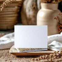 Two Blank White Cards Mockup on Wooden Tray With Dried Wheat and Vase photo