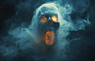 Glowing Skull Emerging From Blue Smoke photo