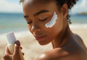 Woman Applying Sunscreen on a Beach on a Sunny Day photo