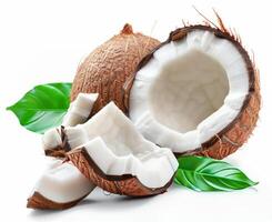 Freshly Opened Coconut With Palm Leaf on White Background photo