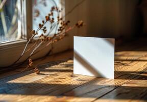 Blank White Paper Stack on Rustic Wooden Table in Sunlight photo
