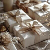 Beautifully Wrapped Beige Gift Boxes With Satin Ribbons on a Linen Tablecloth photo