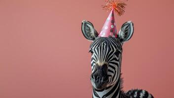 Zebra Wearing A Pink Party Hat In Front Of A Pink Background photo