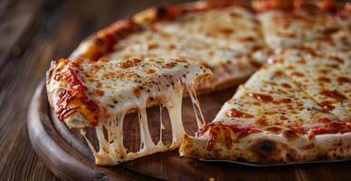 Close Up of Cheesy Pizza Slice on Wooden Board photo