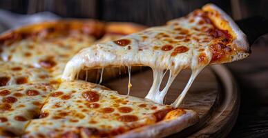 Close Up of Cheesy Pizza Slice on Wooden Board photo