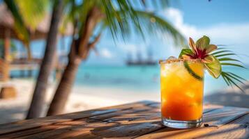 Tropical Cocktail on Beach Table With Palm Tree photo
