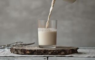 Milk Pouring Into A Glass With Splash on Wooden Cutting Board photo